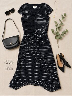 Vintage Talbots Pure Silk Polka Dot Midi Dress | Tie Waist | Sz Small
